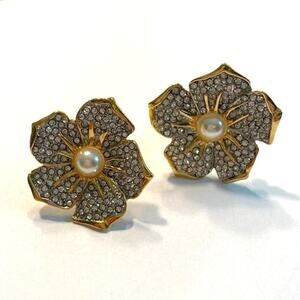 Vintage Clip On Earrings Statement Size Gold Tone & White Rhinestone Flowers